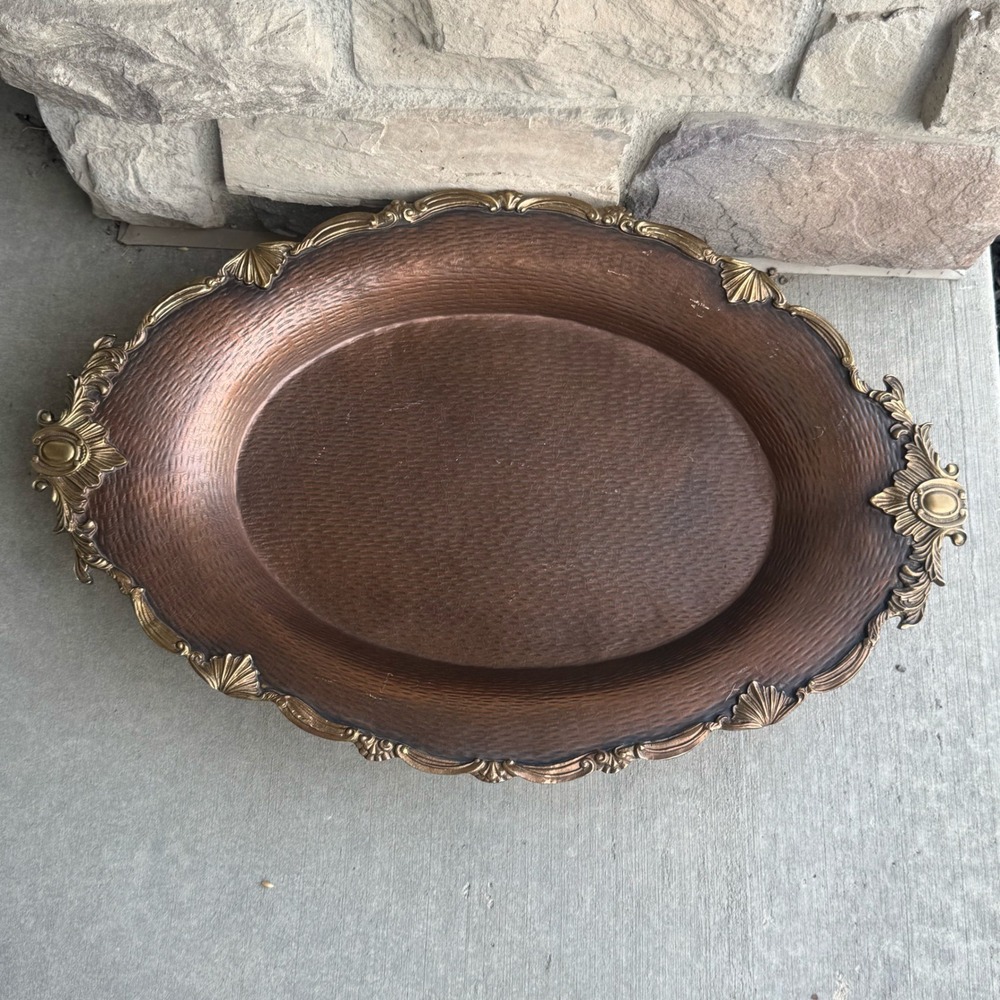 VTG Resin Lacquered Hammered Metal Copper Brass Tray 23x16